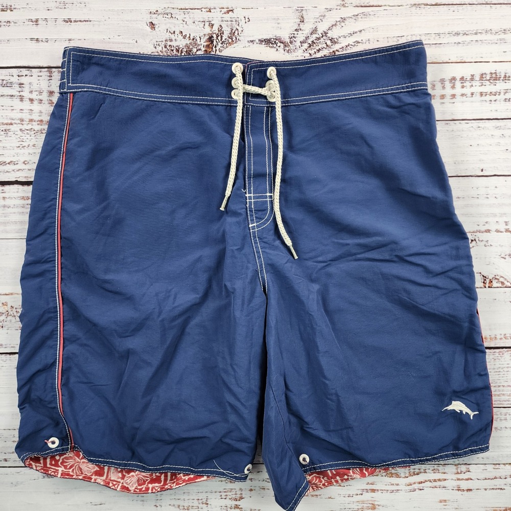Tommy Bahama Reversible Board Shorts Mens 36 Navy Blue Red Hibiscus Floral Swim